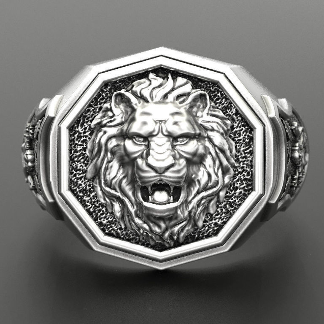 Leo lion faced silver ring for men