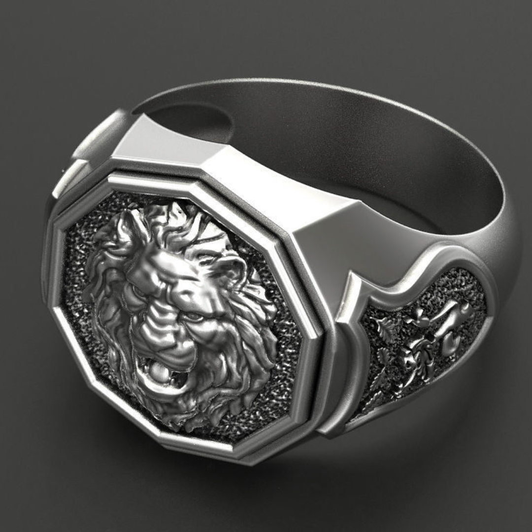 Leo lion faced silver ring for men