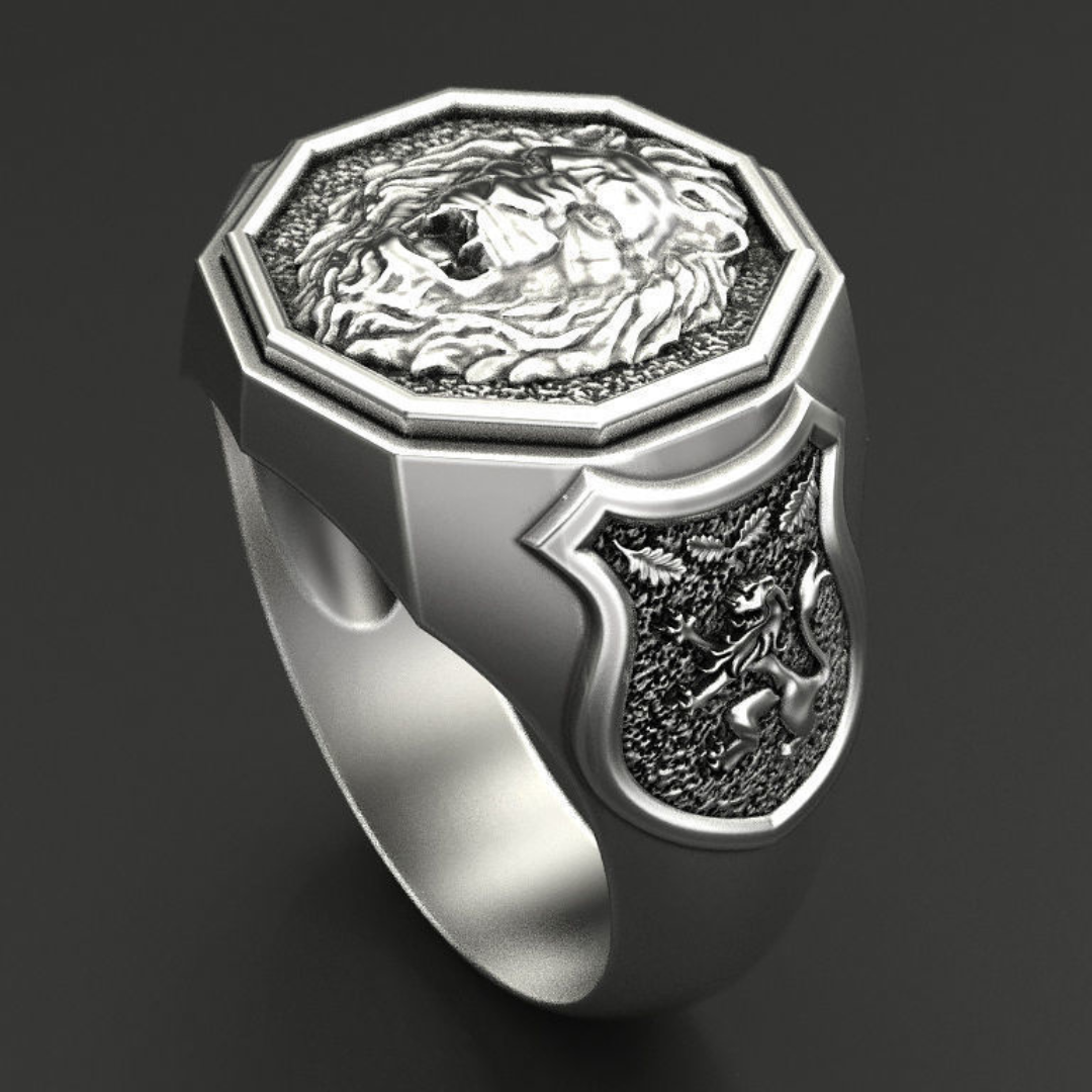 Leo lion faced silver ring for men