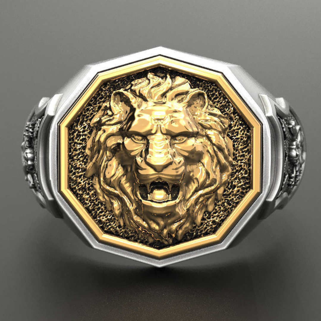 Leo lion faced silver ring for men