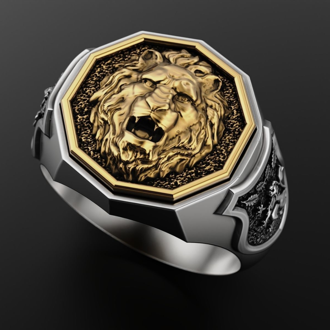 Leo lion faced silver ring for men