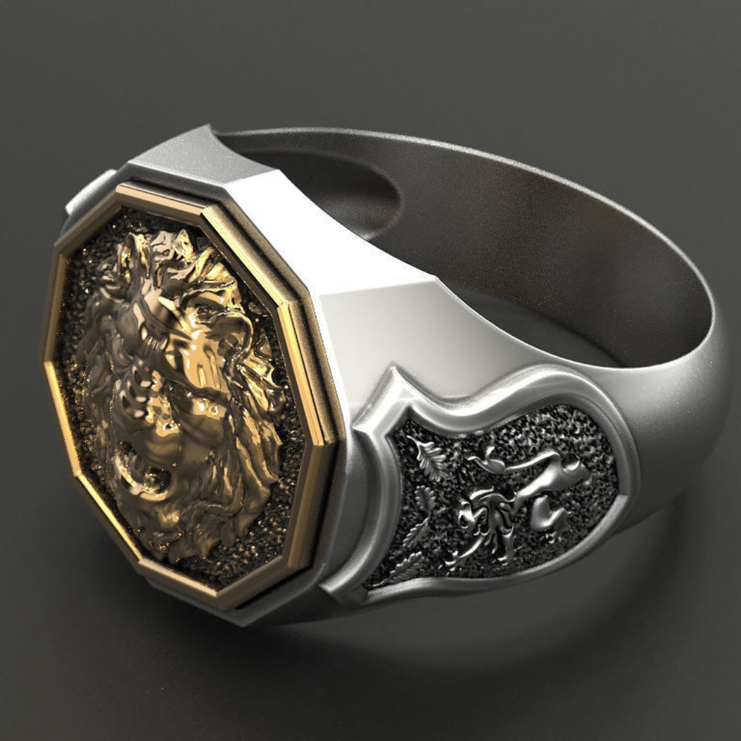 Leo lion faced silver ring for men