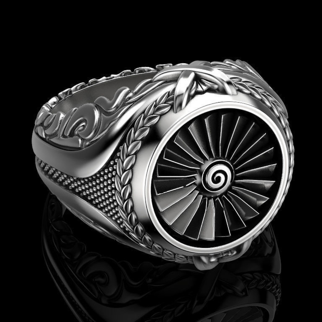 Aeolus turbine silver ring for men