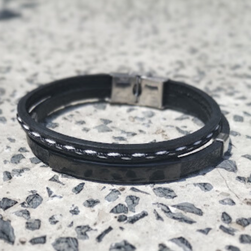 Crius Minimalist Stainless Steel Leather Bracelets (Black)