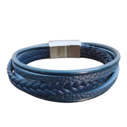 Blue leather bracelet with white clasp