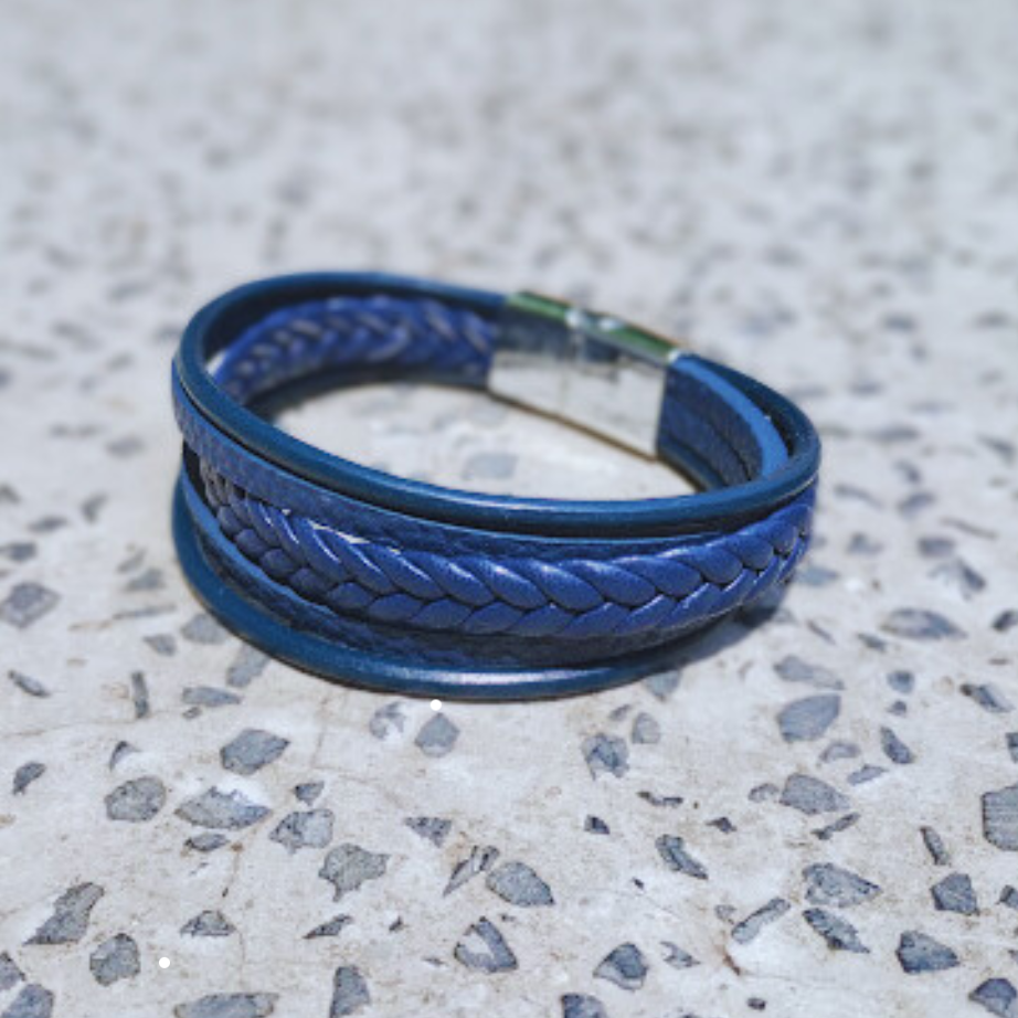 Blue leather bracelet with white clasp